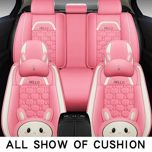 INZU Cute Cartoon Rabbit Comfortable Car Seat Covers with Waterproof PU Leather Suitable for Most 5 Seats Cars SUV and Pick-up Truck Universal Fit Set (Pink) - color: Pink