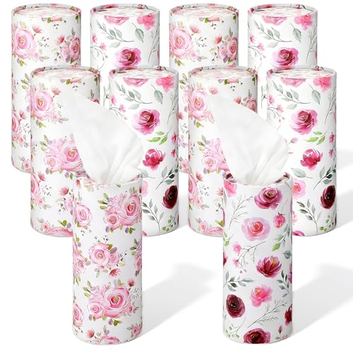 10 Pcs Car Tissue Holder, Round Floral Cup Holder, Tissues Box Container, 3-Ply Cylinder Travel Tissues for Auto, Home, Office Decor and Gifts