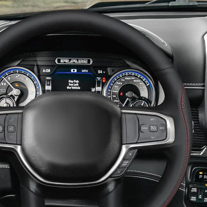 MEWANT Hand Stitch Steering Wheel Cover for Dodge Ram 1500 Laramie Big Horn 2019-2021 Black Real Leather Steering Wrap - color: Black Real Leather&Red&Black Thread
