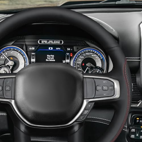 MEWANT Hand Stitch Steering Wheel Cover for Dodge Ram 1500 Laramie Big Horn 2019-2021 Black Real Leather Steering Wrap - color: Black Real Leather&Red&Black Thread