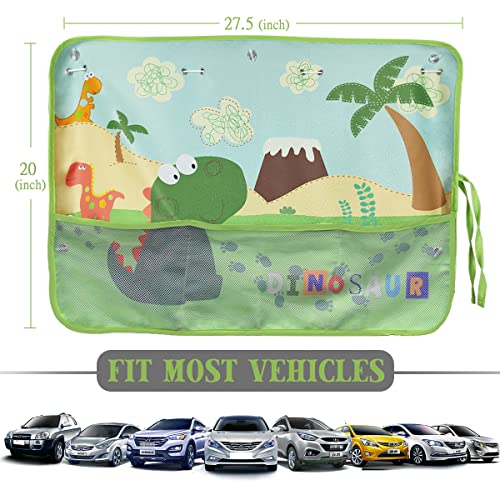 Car Window Shade for Baby, 2 Pack Car Sun Shades with Storage Pockets Car Window Curtain 7 Suction Cups Dinosaurs Pattern for Sun/Heat/UV Rays Protection - color: Green-2pcs