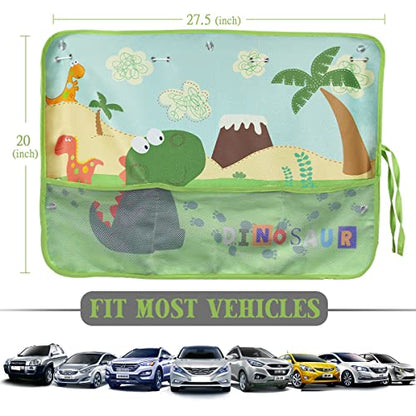 Car Window Shade for Baby, 2 Pack Car Sun Shades with Storage Pockets Car Window Curtain 7 Suction Cups Dinosaurs Pattern for Sun/Heat/UV Rays Protection - color: Green-2pcs