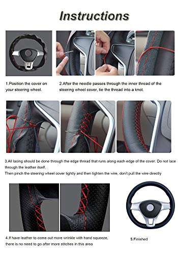 Onerbuy Universal Leather Car Steering Wheel Stitch On Wrap Cover DIY Sewing Breathable and Anti Slip, 15-Inch (Black with Red) - color: Black with Red