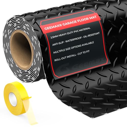 4x10 FT Diamond Plate Garage Floor Mat, Heavy Duty PVC Flooring Roll, 2.8mm Mat for Under Car, Motorcycle, Golf Cart, Trailer, Waterproof Non-Slip Floor Protector for Garage, Basement, Black - color: Black, size: 120"L x 48"W x 0.1"Th