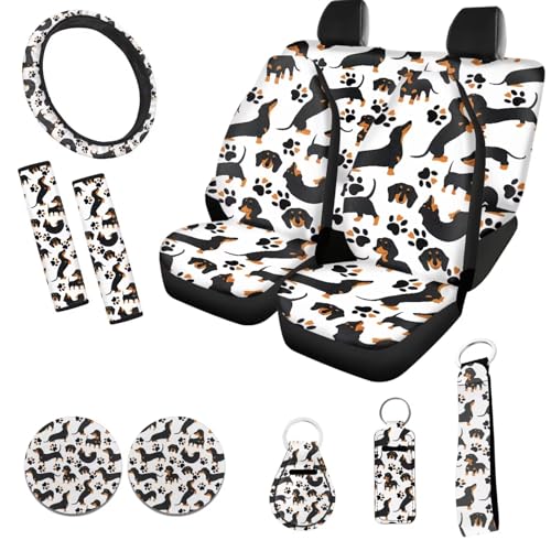 Black Dachshund Dog Car Seat Covers 12 Pcs Full Set Dog Lover Car Interior Set Durable Auto Steering Wheel Cover Dog Paw Seat Belt Pads Chapstick Holder Keychain for Women - color: Black Dachshund Dog