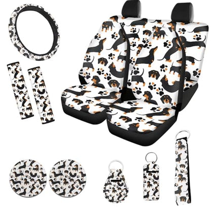 Black Dachshund Dog Car Seat Covers 12 Pcs Full Set Dog Lover Car Interior Set Durable Auto Steering Wheel Cover Dog Paw Seat Belt Pads Chapstick Holder Keychain for Women - color: Black Dachshund Dog
