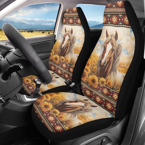 Bulopur Sunflower Horse Print Car Seat Covers Full Set of 2 Automobile Front Seat Covers Vehicle Accessories Carseat Seat Covers Cushion Pad Mat for SUV Trucks Chairs Vans Auto - color: Sunflower Horse Print