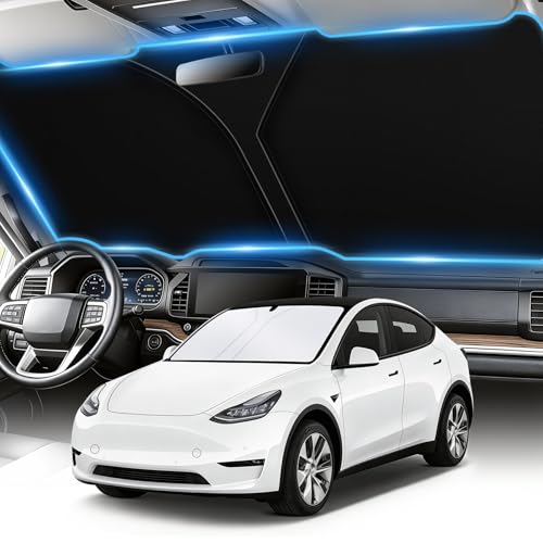 SINGARO 300T Universal Car Windshield Sun Shade, Foldable Reflective for Windshield & Window Shades with Overlapping Design, Car Interior Accessories (57" L x 36.2" W) - size: Tesla Model 3