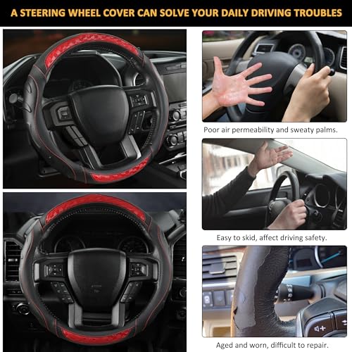 Black Seal Custom-Fit Steering Wheel Cover for Ford F-150, F-250, F-350, Expedition, 15.5–16", Anti-Slip PU Leather (Black+Red) - color: Black+Red
