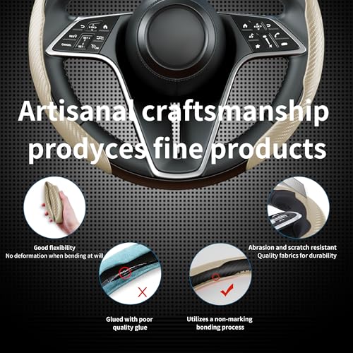 Carbon Fiber Steering Wheel Cover, 3-Piece Set Anti-Skid Comfortable Grip Segmented Butterfly Design, Easy Snap-On Installation Universal Fit 99% Cars, Beige