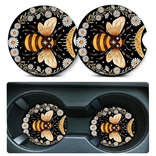 Car Coasters for Cup Holders,2 Pack Bee Car Cup Holder Coasters,2.75" Universal Size Anti Slip Rubber Mat,Automotive Cup Holder Decal Decor Accessories,Bee Gifts for Women,Men,Mom - color: Bee