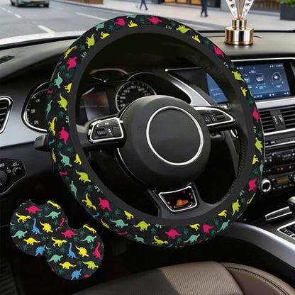 Dinosaur Steering Wheel Cover for Women Girly,Colorful Dino with Paws 15 Inch Non-Slip Breathable Neoprene Steering Wheel Cover Fit Auto,SUVs,Includes 2 PCS Cup Coasters - color: Dinosaur