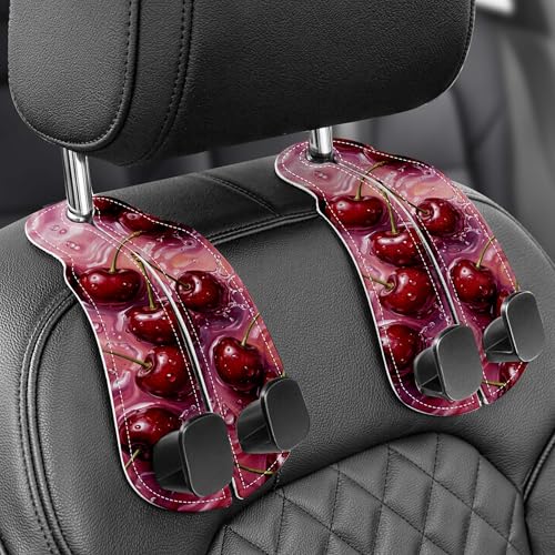 Purse Holder for Car, 2 Pack Heavy Duty Purse Hanger for Car, PU Leather Car Seat Hooks for Purses and Bags, Cute Cherry Headrest Organizer for Handbags & Backpacks - color: Car hook - Cherry A