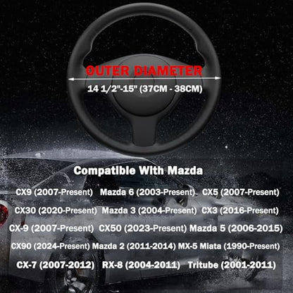 Leather Steering Wheel Cover for Mazda CX5/CX-5 CX50/CX-50 CX3/CX-3 CX30/CX-30 CX9/CX-9 Mazda 3 5 6 MX-5 Miata CX-7 RX-8 GS GT Sport Car Accessories, 2026 Black 14.5-15 inch