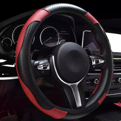 Ultra Fine Carbon Fiber Leather Steering Wheel Cover, Anti Slip and Sun Protective Protect The Steering Wheel, Easy to Install,Universal of 14.5"-15" (Wine red) - color: Wine red