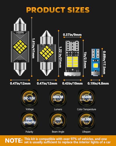 Zakolak 24PCS LED Interior Car Lights, Extremely Bright 6500K White LED Bulb Kit, Applicable to Dome Map Door Lights and Other Parts Replacement for Your Cars, to Help You See Inside The Car at Night - color: Xenon White
