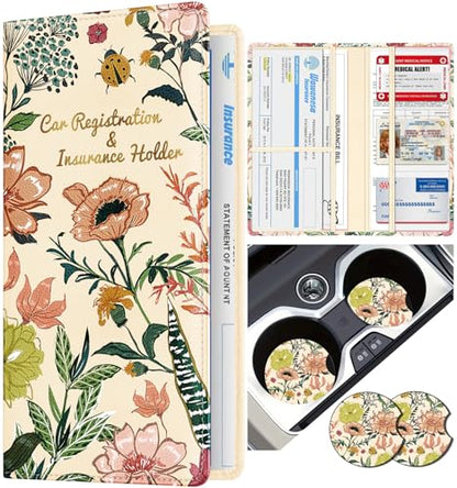 Slohif Car Registration and Insurance Card Holder with Magnetic Shut - Vehicle Glove Box Organizer Women Leather Automobile License Holders Coasters Auto Case for Document Flower Floral - color: Green