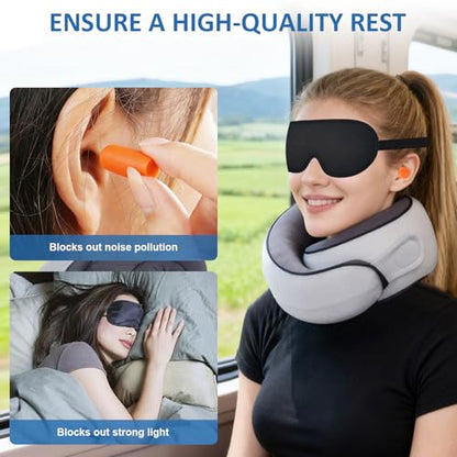 Neck Pain Travel Pillow with 360° Full Support for Rest, Compact Neck Airplane Pillow for Car, Office, Long Flight Kit with Contoured 3D Eye Mask, Earplugs & Portable Storage Box