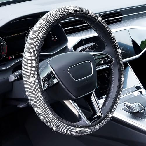 Bling Rhinestone Steering Wheel Cover with Crystal Diamond for Women, Sparkling Car Wheel Protector Universal Fit 14-15 inches - White