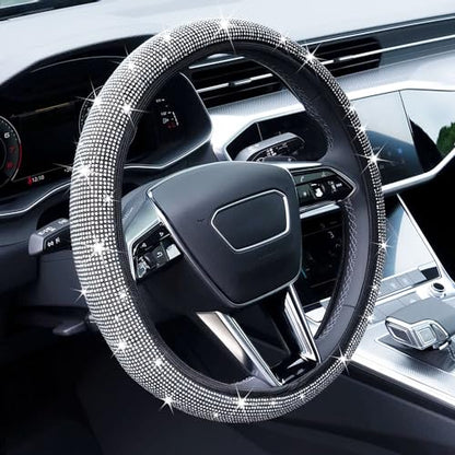 Bling Rhinestone Steering Wheel Cover with Crystal Diamond for Women, Sparkling Car Wheel Protector Universal Fit 14-15 inches - White