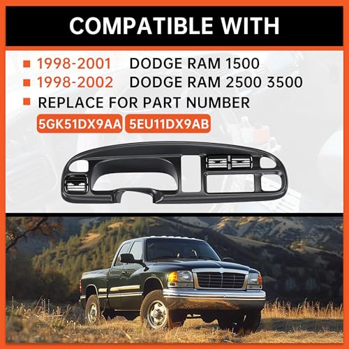 ECOTRIC Dash Board Cluster Bezel Cover Compatible with 1998-2002 Dodge Ram 1500 2500 3500 Instrument Pad Panel Dashboard Kit w/Vents Replacement for 5GK51DX9AA 5EU11DX9AB - Clips Included - size: Dash Bezel W/ Vents
