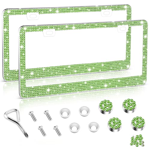 Amiss Bling License Plate Frame for Women, 2Pack Rhinestone Handcrafted Crystal Premium Stainless Steel, Stainless Steel Car Decorative Accessories with Diamond Sparkle Glitter Caps (Green) - color: Green, size: 2pc