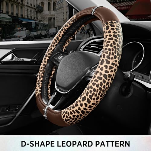 Road Comforts Leopard Steering Wheel Cover for Women, Cute Anti-Slip Microfiber Leather, Fits D Shape Flat Bottom Steering Wheel 14.5-15 Inch - Brown - color: D Shape-Brown