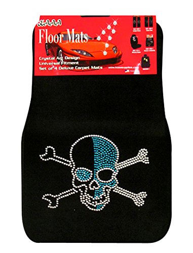 Universal Fit Car Truck Front/Rear 4-Piece Full Set Crystal Bling Rhinestone Design Studded Black Carpet Floor Mats (Blue Skull-Black) - color: Blue Skull-Black
