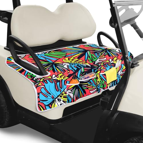 Golf Cart Seat Covers, Universal Golf Cart Seat Towel Blanket with 4 Front Pockets & Nonskid Bottom Fits for EZGO, Yamaha, Club Car and More 2 Person Seats Golf Carts - color: ‎Red banana leaf