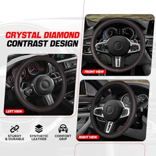Auto Dynasty Car Steering Wheel Cover, Microfiber Leather Steering Wheel Covers Protector with Anti-Slip Inner Lining, Universal 14.5 to 15 Inch Car Interior Accessories, Red Stitching - color: Stitched Red B