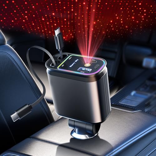 Starlight Retractable Car Charger with Dual Type C Cables, 66W Starlight in Car roof 4 in 1 Retractable Car Phone Charger Adapter, Fast Charging USB C Cable, Compatible with iPhone 17/16/15/14,Galaxy - color: Light Silver, size: Dual Type C