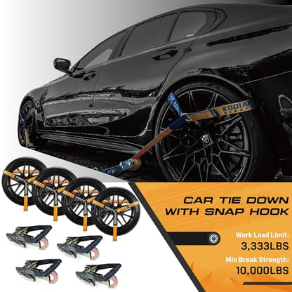 Adjustable Vehicle Tire Tie Down Straps Kit– 4pk Heavy Duty Tire Straps with Snap Hooks 10,000 lbs. Working Load 3333 lbs. Lasso 4 x Tow Strap Kit for Car, Truck, ATV Towing Accessories