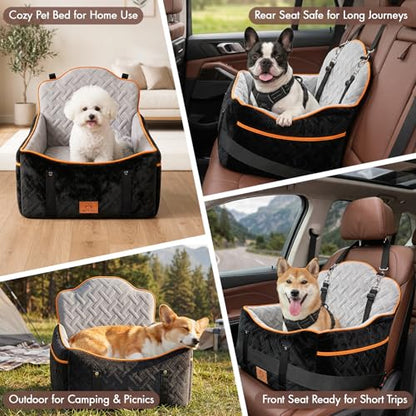 Dog Car Seats for Small Medium Dogs up to 35 lbs – Dog Booster Car Seat with 5.3-Inch Memory Foam, Dual Safety Leashes, Detachable Washable Cover & Storage Pockets, Soft Travel Dogs Bed (Black)