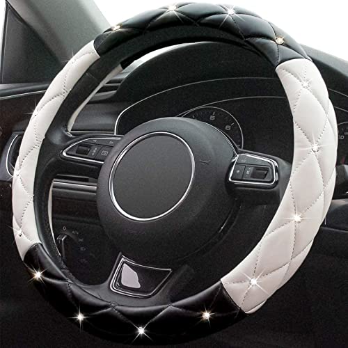 Black White Steering Wheel Cover, Anti-Slip Steering Wheel Protector with Crystal Rhinestones, Car Steering Wheel Cover for Women and Girl Fit 14.5-15 inch - color: Black+White