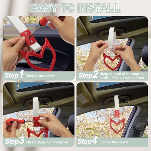 PATIKIL 4 Pcs Evil Heart Shaped Car Handle Straps, Car Hanging Accessories Bumper Warning Ring Drift Charm for Auto Bus Decor Interior Exterior Decoration, White (White Strap)