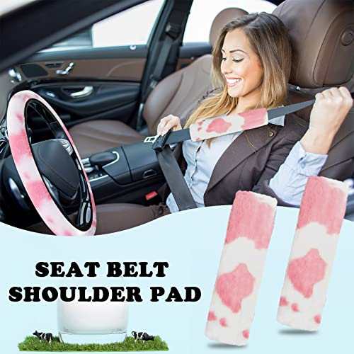 JINGSEN11 Pieces Fluffy Car Accessories Set,Fluffy Cow Print Plush Steering Wheel Covers for Women Soft Fleece Handbrake Cover Shift Cover Car Trim Warm Non-Slip(Pink)