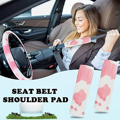 JINGSEN11 Pieces Fluffy Car Accessories Set,Fluffy Cow Print Plush Steering Wheel Covers for Women Soft Fleece Handbrake Cover Shift Cover Car Trim Warm Non-Slip(Pink) - size: pink