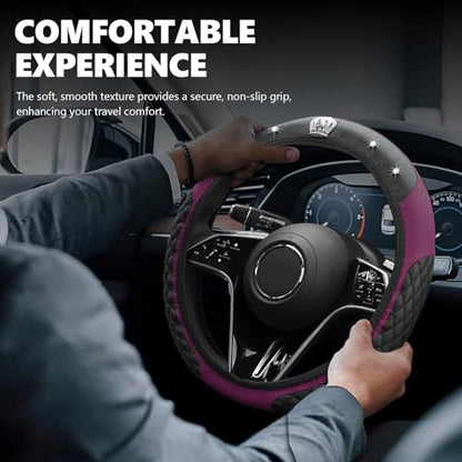 Wuyaoyao 8PCS Car Accessories Set, Bling Crown Leather Car Steering Wheel Cover w/Armrest Pad, Seat Belt Cover Pads, Gear Shift & Handbrake Covers, Cup Holder Coasters, Auto Interior Decor (Purple)