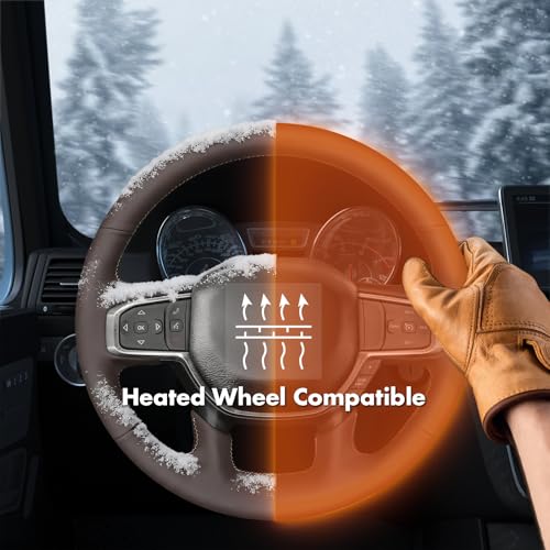 MEWANT Hand Stitch Steering Wheel Cover for Dodge RAM 1500 2500 3500 2019-2025 DIY Custom Fit Coffee Leather Steering Wheel Wrap Protector Non-Slip Breathable - color: Coffee Microfiber Leather&Coffee Stitching