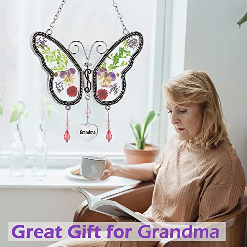 Butterfly Suncatcher Grandma Stained Glass Sun Catcher for Windows Hangings Ornament with Pressed Real Flower Wings in Glass and Metal Heart Charm Birthday Gift for Women Mothers Day Christmas - style: Grandma