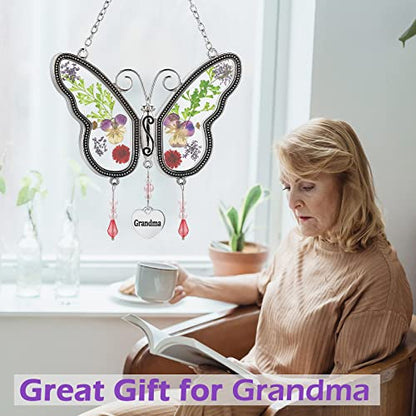 Butterfly Suncatcher Grandma Stained Glass Sun Catcher for Windows Hangings Ornament with Pressed Real Flower Wings in Glass and Metal Heart Charm Birthday Gift for Women Mothers Day Christmas - style: Grandma
