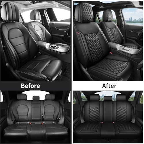 Car Seat Covers Full Set 5PCS,Contoured High-Density Nappa Leather Universal Precision Fit Automotive Seat Covers Full Set,Waterproof Car Seat Protector,forros para asientos de carro,Style1 Black