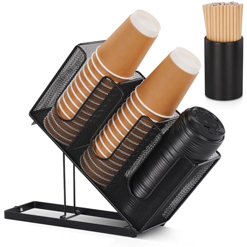 Paper Cup and Lid Holder with Straw Organizer for Countertop Coffee Station Bar Restaurant Breakroom, Metal Midsize Disposable Coffee Cup Dispenser for Plastic Cup Lid Straw, Black