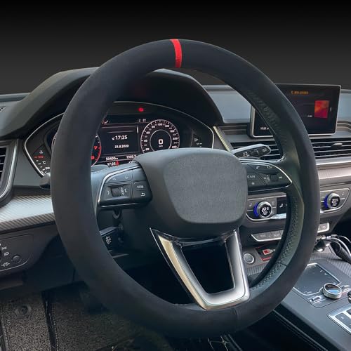 Carodi Suede Steering Wheel Cover ， Non-Slip Leather Car Interior Fitting 15-inch Universal - color: Black(red lable)