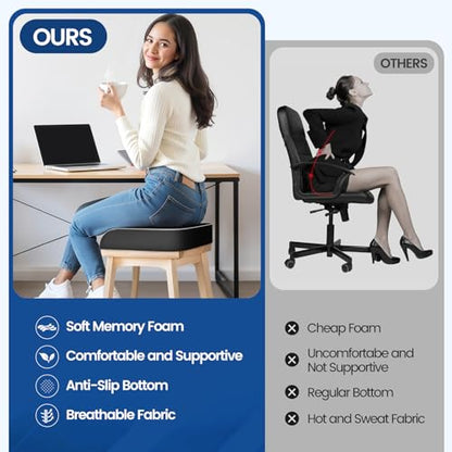 Seat Cushion for Tailbone Pain Relief, Office Chair Cushion, Memory Foam Large Cushion with Non-Slip Cover for Soft Support at Office Chair, Car Seat, Airplane, Floor Pillow, Black/Large