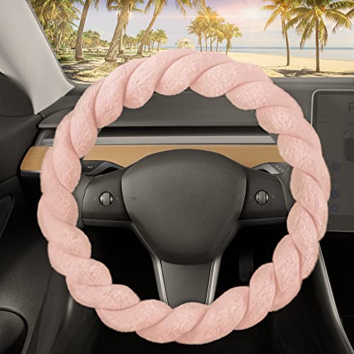 Carbella Twisted Fur Soft Pink Steering Wheel Cover, Standard 15 Inch Size Fits Most Vehicles, Fuzzy Fluffy Car Steering Cover with Soft Faux Fur Touch, Car Accessories for Women - color: 1-Twisted Fur Soft Pink