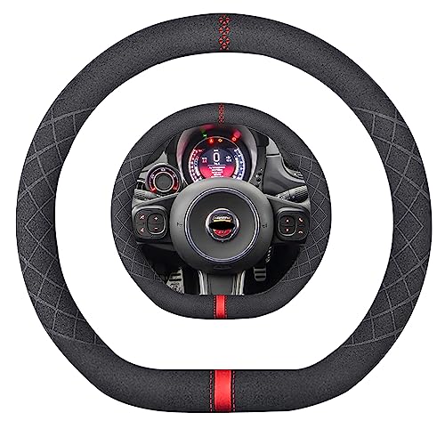 Suede D Shape Steering Wheel Cover,Compatible with Abarth 595 595C 695 695C Fiat 500 500C Suede Leather Sport Non-Slip Wheel Cover Car Interior Accessories 15 inch for Man and Women - color: Fit Abarth & Fiat D Shape Suede Red Mark in Black, size: 15 inch