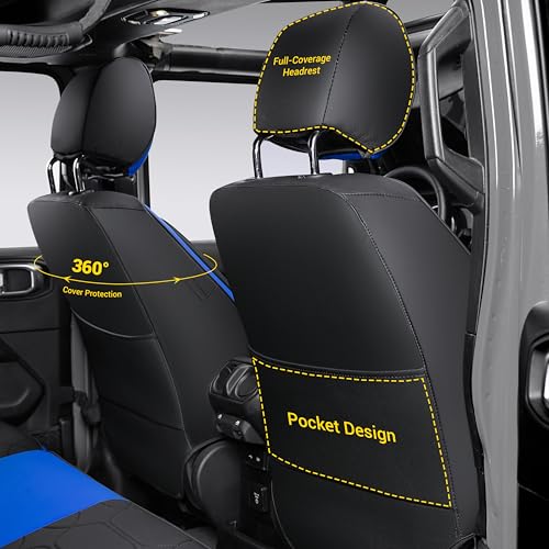 OASIS AUTO Custom Fit Seat Covers Compatible with Jeep Wrangler JK Unlimited 4-Door (2007-2017), Waterproof Faux Leather Full Set, Fits Sport X Sahara Rubicon (Black & Blue) - color: Black&Blue, size: 2007-2017 JK 4-Door