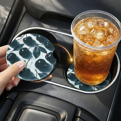 Ceramic Car Coasters, 2 Pack, 2.64" Absorbent Car Cup Holder Coasters, Cute Ceramic Car Coasters for Women, Black Cherry Pattern - color: Black Cherry