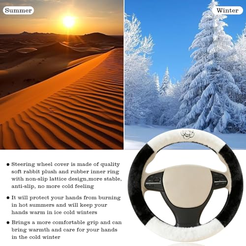 Camellia Flower Plush Steering Wheel Cover, Universal 14.5-15 Inch Winter Plush Warm Steering Wheel Cover, Soft Fluffy, Anti-Slip Design, Soft Texture (Black+White) - color: Camellia Flower
